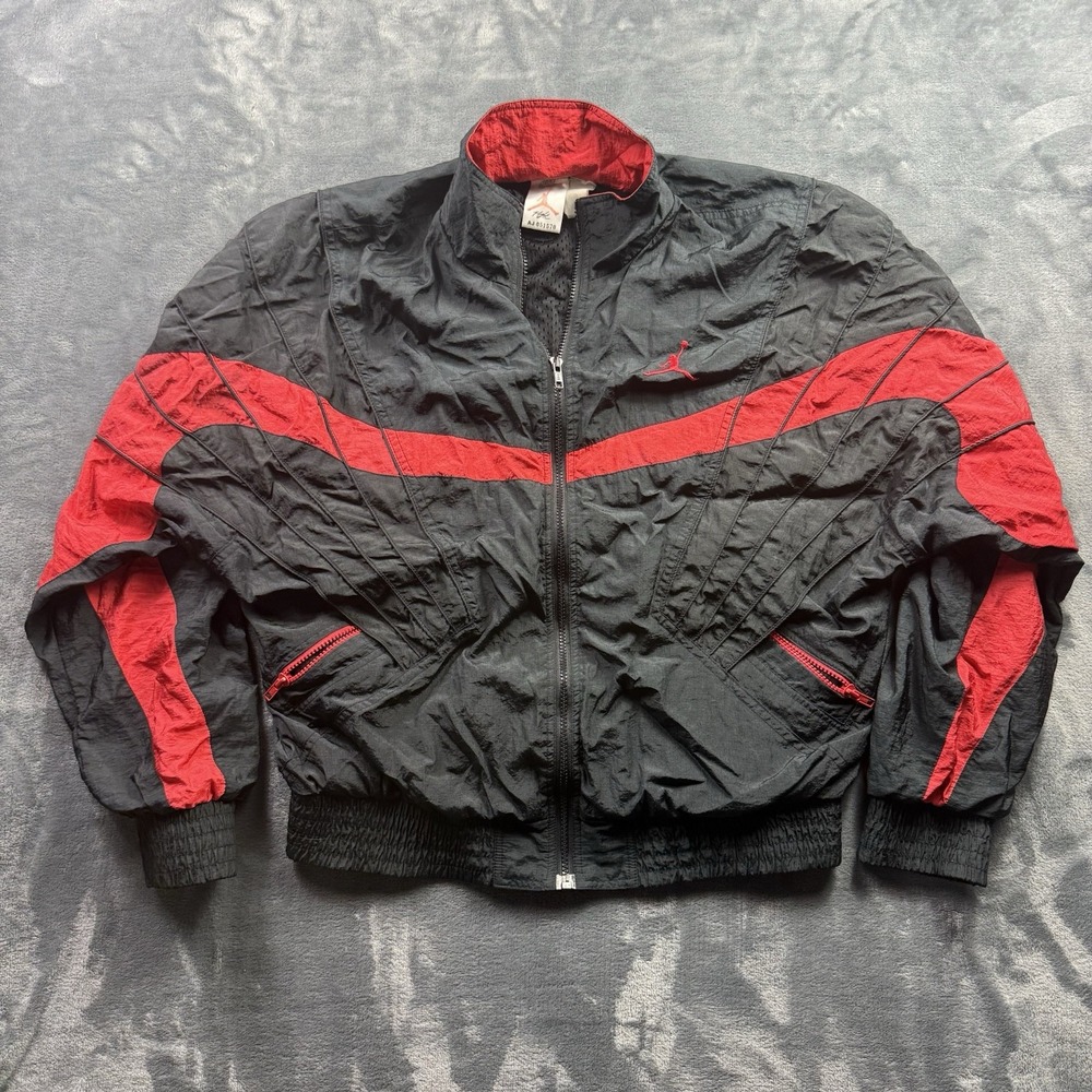 Vintage 90s Nike Air Jordan Flight Windbreaker Jacket Black Red Jumpman Warmup L